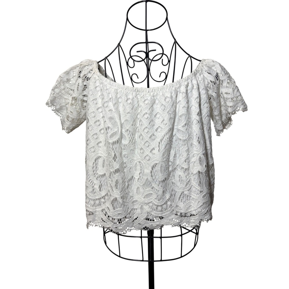 Express Womens White Floral Lace Off The Shoulder Top Scalloped Hem Size‎ Medium